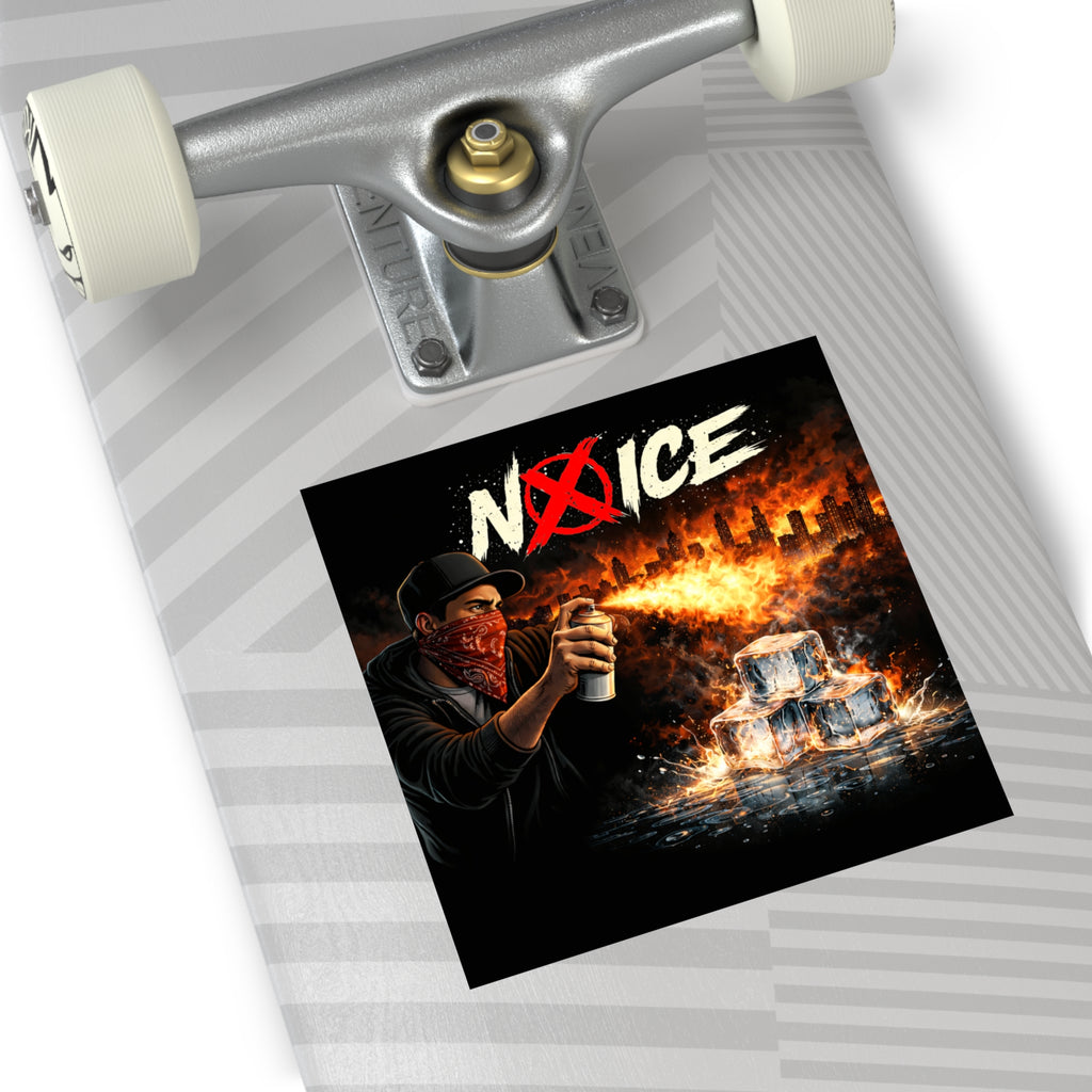 No Ice Sticker — Protest Graffiti Square Vinyl Sticker (Molotov, Burning Ice Design)