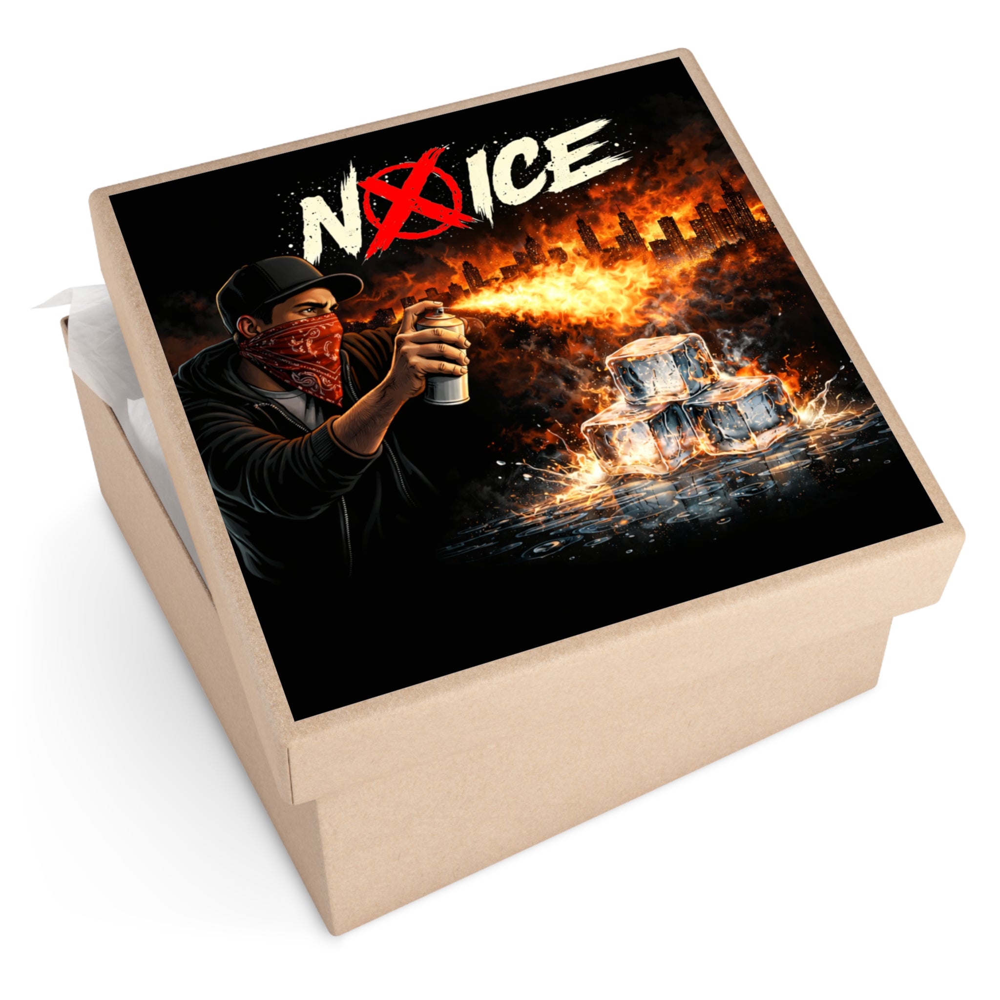 No Ice Sticker — Protest Graffiti Square Vinyl Sticker (Molotov, Burning Ice Design)