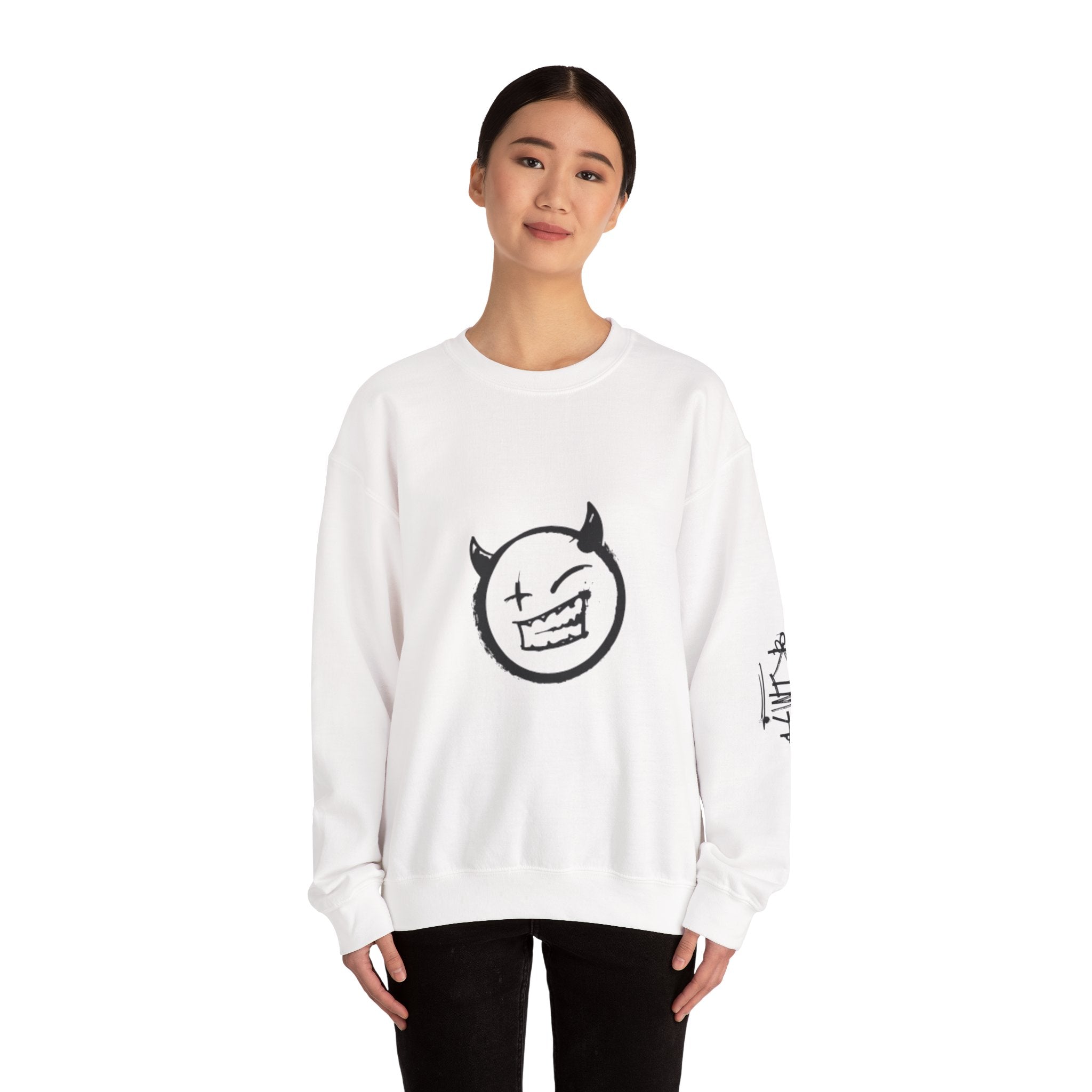 Demon Smiley Crewneck Sweatshirt – Grunge Devil Emoticon Graphic