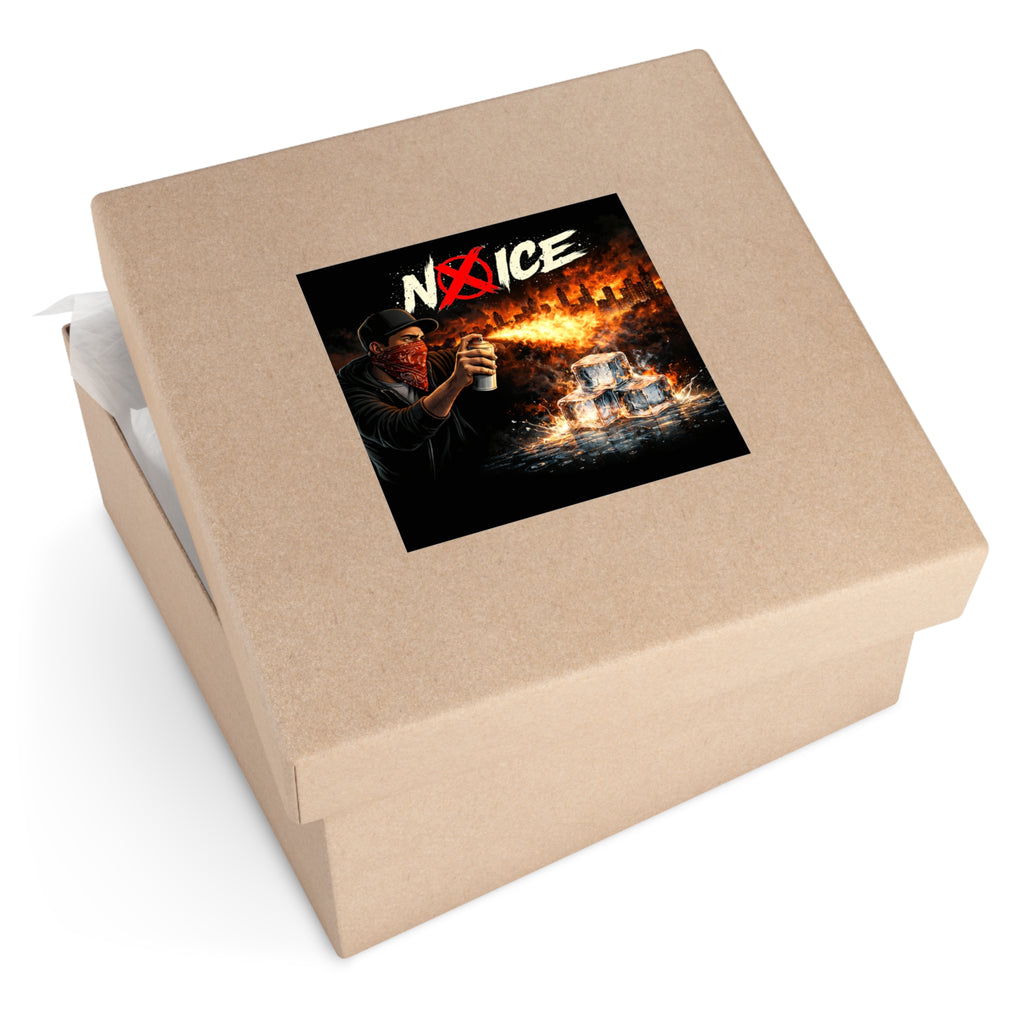No Ice Sticker — Protest Graffiti Square Vinyl Sticker (Molotov, Burning Ice Design)