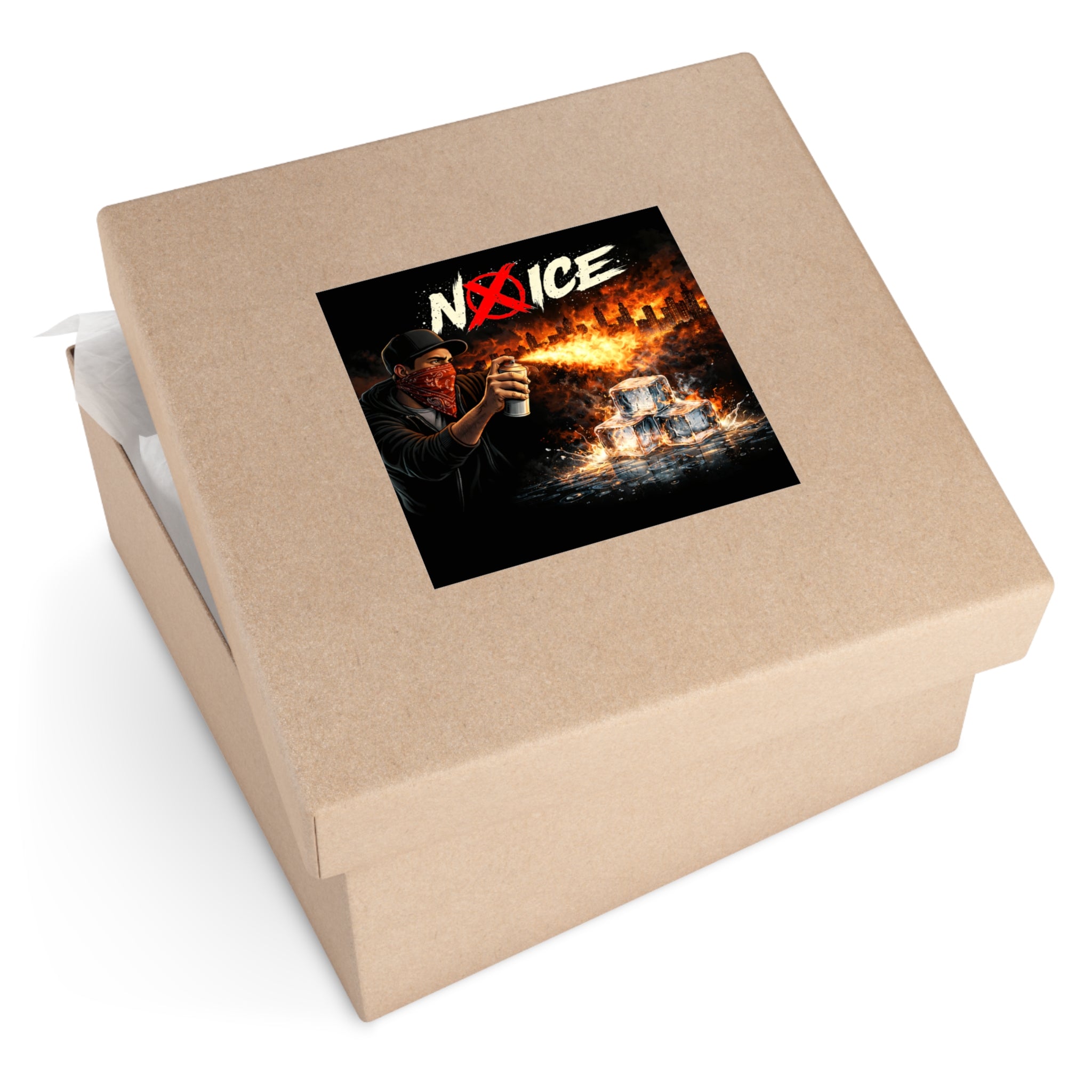 No Ice Sticker — Protest Graffiti Square Vinyl Sticker (Molotov, Burning Ice Design)