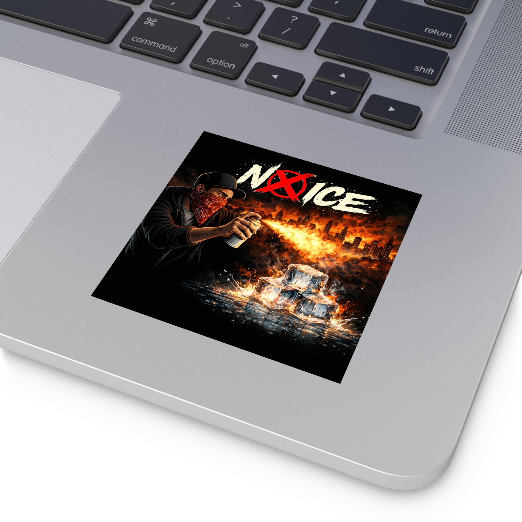 No Ice Sticker — Protest Graffiti Square Vinyl Sticker (Molotov, Burning Ice Design)